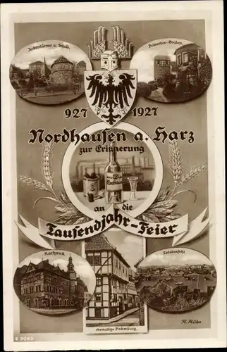 Ak Nordhausen am Harz, Tausendjahr Feier 927-1927, Rathaus, Judentürme, Schule
