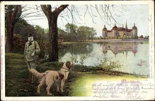 Ak Moritzburg in Sachsen, König Albert von Sachsen in Jagdkleidung mit Hund, Schloss