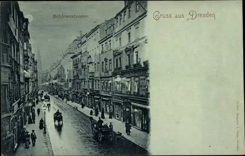 Mondschein Ak Dresden Zentrum, Blick in die Schlossstraße, Kutschen, Geschäfte