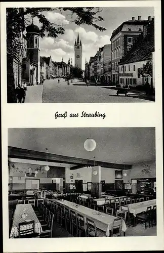 Ak Straubing an der Donau Niederbayern, Straßenpartie, Gasthaus, Innenansicht