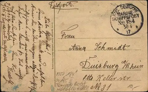 Ak Stempel Marinepost MSP Nr. 184, II. Torpedoboot Halbflottille