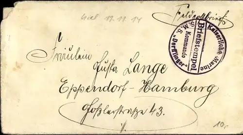 Briefumschlag Briefstempel Kaiserliche Marine, Kommando SMS Derfflinger