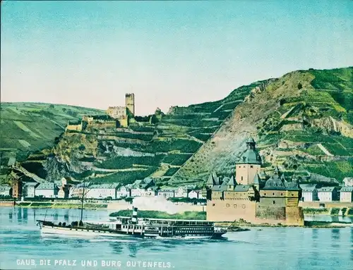 Chromo Foto Caub Kaub am Rhein, Burg Pfalzgrafenstein, Pfalz, Burg Gutenfels, Rheindampfer