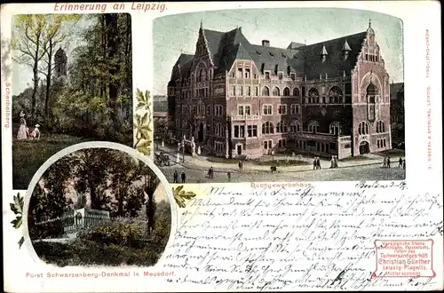 Ak Leipzig in Sachsen, Buchgewerbehaus, Fürst Schwarzenberg-Denkmal in Meusdorf, Scherbelberg