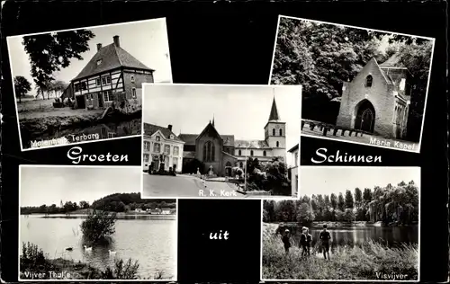 Ak Schinnen Limburg Niederlande, R. K. Kerk, Maria Kapel, Vijver, Huis Terborg