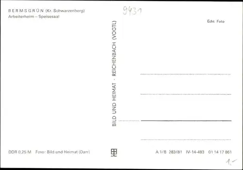 Ak Bermsgrün Schwarzenberg im Erzgebirge, Arbeiterheim, Speisesaal