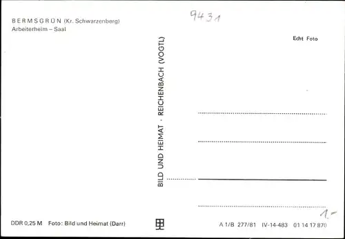 Ak Bermsgrün Schwarzenberg im Erzgebirge, Arbeiterheim, Saal