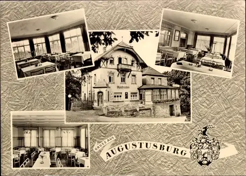 Ak Augustusburg im Erzgebirge, Hotel Waldfrieden, Speiseraum, Wappen