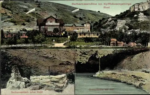 Ak Kyffhäuserland Thüringen, Gasthaus Barbarossahöhle, Barbarossatisch nebst Stuhl, Grottenhöhle