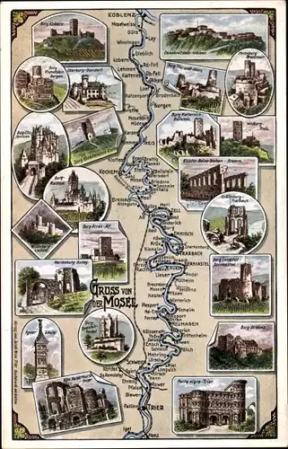 Landkarten Ak Die Mosel, Trier, Burg Kobern, Porta Nigra, Koblenz, Burgen