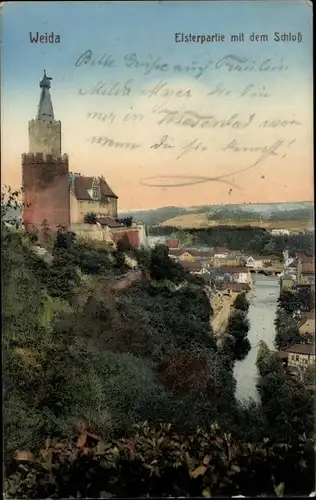 Ak Weida in Thüringen, Elsterpartie mit dem Schloss