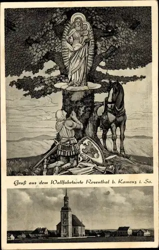 Ak Ralbitz Rosenthal Oberlausitz, Gruß aus dem Wallfahrtort, Marienbild, Kirche