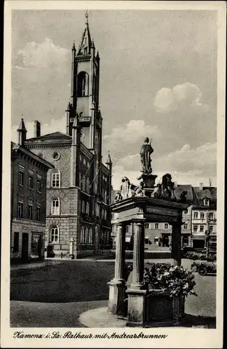 Ak Kamenz Sachsen, Rathaus mit Andreasbrunnen