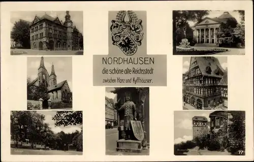 Ak Nordhausen am Harz, Roland am Rathaus, Stadttheater, Gehege, Kirche