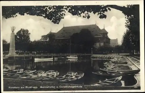 Ak Konstanz am Bodensee, Gondelhafen u. Conziliumsgebäude, Denkmal