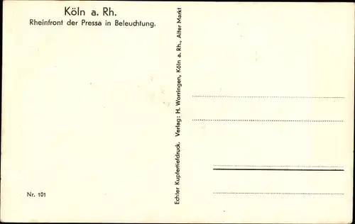 Ak Köln, Rheinfront der Pressa in Beleuchtung, Nacht