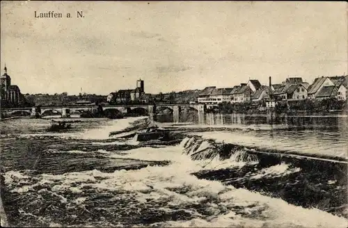 Ak Lauffen am Neckar, Teilansicht, Brücke, Wasserüberlauf