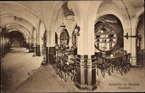 Ak Bremen, Ratskeller, Haupthalle, Fässer, Gewölbe
