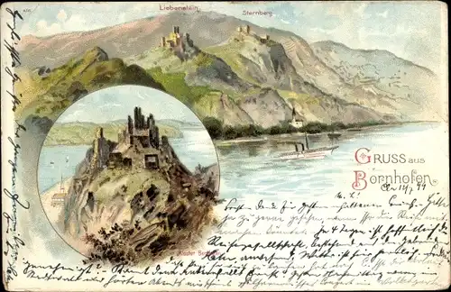 Litho Bornhofen am Rhein, Die feindlichen Brüder, Burg Sternberg, Sterrenberg, Liebenstein