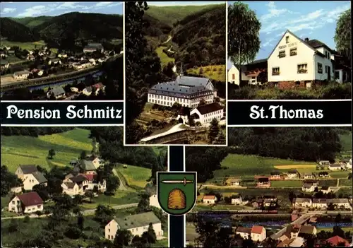 Ak Sankt Thomas in der Eifel, Pension Schmitz, Klosterstraße 11, Panorama vom Ort