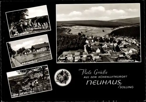 Ak Neuhaus im Solling Holzminden, Fliegeraufnahme des Ortes, Trakehner, Schwimmbad