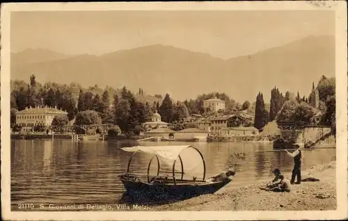 Ak Sankt Johann im Ahrntal San Giovanni Valle Aurina Südtirol, Boot am Ufer, Blick zur Villa Melzj.
