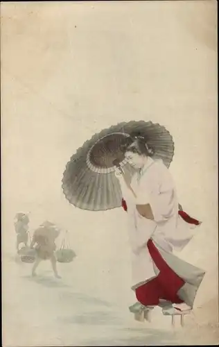 Ak Mädchen in japanischer Tracht, Japanerin, Sonnenschirm, Holzschuhe, Träger