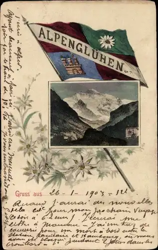 Litho Alpenglühen, Bergpanorama, Berghütte, Edelweiß