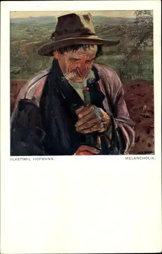 Künstler Ak Hofmann, V., Melancholik, Mann-Portrait, Flasche, Hut
