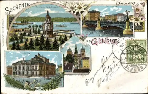 Litho Genève Genf Schweiz, Monument, les mouettes, St. Pierre, Le Theatre