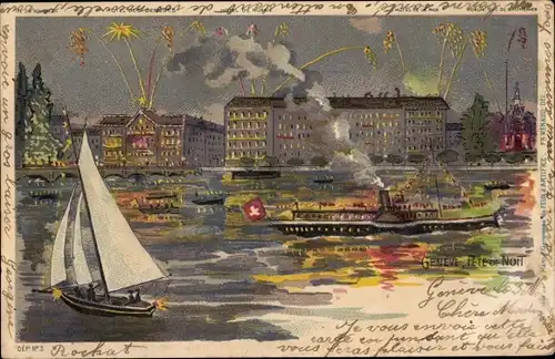 Litho Genève Genf Schweiz, Fete de Nuit, Feuerwerk, Dampfer