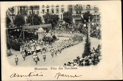 Ak Montreux Kt. Waadt Schweiz, Fete des Narcisses, Festumzug, Straßenpartie, Zuschauer