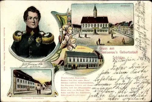 Litho Schildau in Sachsen, Marktplatz, Apotheke, Gneisenau's Geburtshaus, Portrait