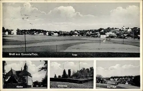 Ak Gommla Greiz in Thüringen, Ehrenmal, Kirche, Totalansicht