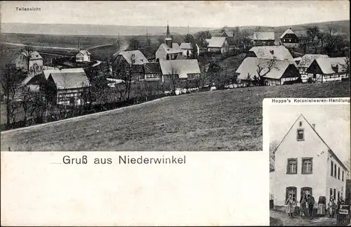 Ak Niederwinkel Waldenburg in Sachsen, Hoppes Kolonialwaren Handlung, Panorama