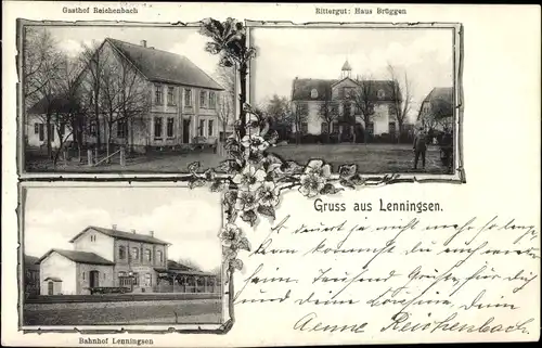 Ak Lenningsen Bönen in Westfalen, Gasthof Reichenbach, Rittergut Haus Brüggen, Bahnhof