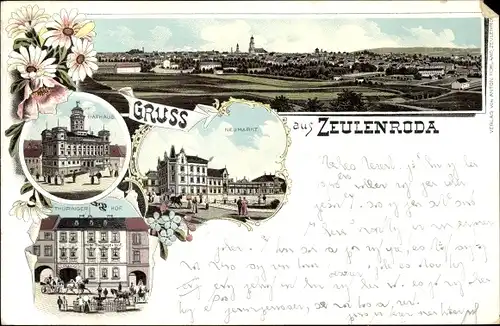 Litho Zeulenroda in Thüringen, Neumarkt, Hotel Thüringer Hof, Rathaus, Blick auf den Ort