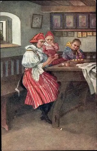 Künstler Ak Koudelka, J., Velikonocni pozdrav, Slowakische Tracht, Frau mit Kind, Glückwunsch Ostern