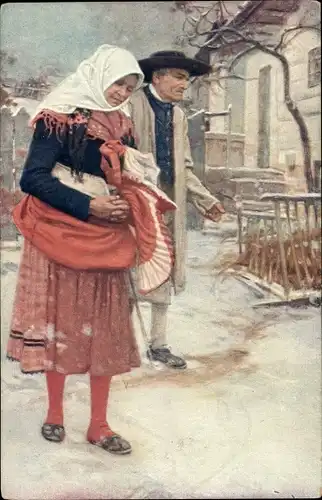Künstler Ak Douba, J., Frau in tschechischer Tracht, Winterszene, Kopftuch