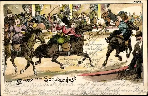 Künstler Litho Michaelis, Gruß vom Schützenfest, Frauen auf Pferden in der Manege