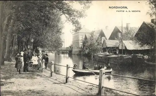 Ak Nordhorn in der Grafschaft Bentheim, An der Vechte, Uferweg, Boot, Bootshäuser