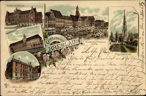 Litho Wrocław Breslau in Schlesien, Regierungsgebäude, Universität, Kaiserl. Post, Siegesdenkmal