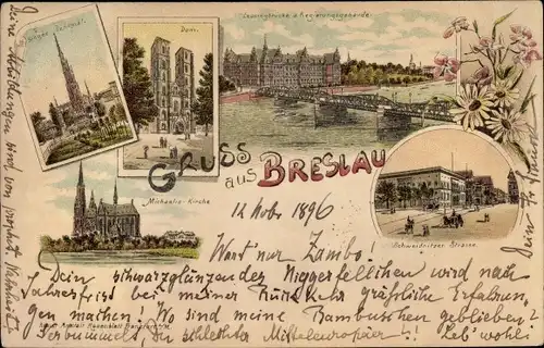 Litho Wrocław Breslau in Schlesien, Siegesdenkmal, Dom, Lessingbrücke, Schweidnitzer Straße, Kirche