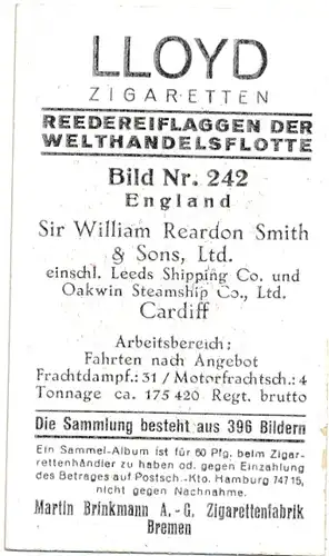 Sammelbild Reedereiflaggen der Welthandelsflotte, Bild 242 England, Sir William Reardon Smith & Sons