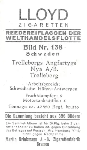 Sammelbild Reedereiflaggen der Welthandelsflotte, Bild 138 Schweden, Trelleborgs Angfartygs Nya AB