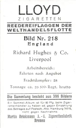 Sammelbild Reedereiflaggen der Welthandelsflotte, Bild 218 England, Richard Hughes & Co