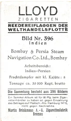 Sammelbild Reedereiflaggen der Welthandelsflotte, Bild 396 Indien, Bombay & Persia Steam Nav. Co.