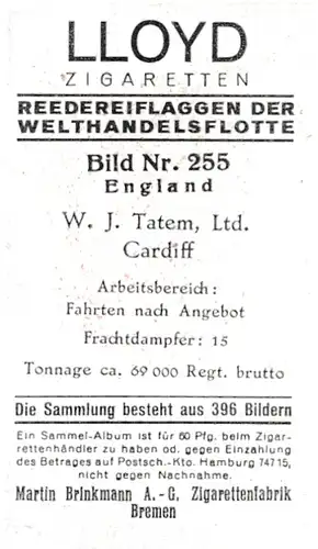 Sammelbild Reedereiflaggen der Welthandelsflotte, Bild 255 England, W. J. Tatem Ltd. Cardiff