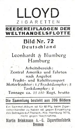 Sammelbild Reedereiflaggen der Welthandelsflotte, Bild 72 Deutschland, Leonhardt & Blumberg Hamburg