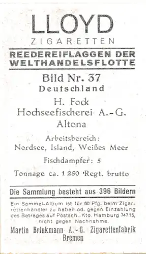 Sammelbild Reedereiflaggen der Welthandelsflotte, Bild 37 Deutschland, H. Fock Hochseefischerei AG